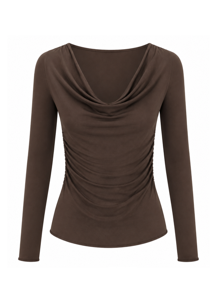 Bamboo Long Sleeve Cowl Neck Top- Cocoa
