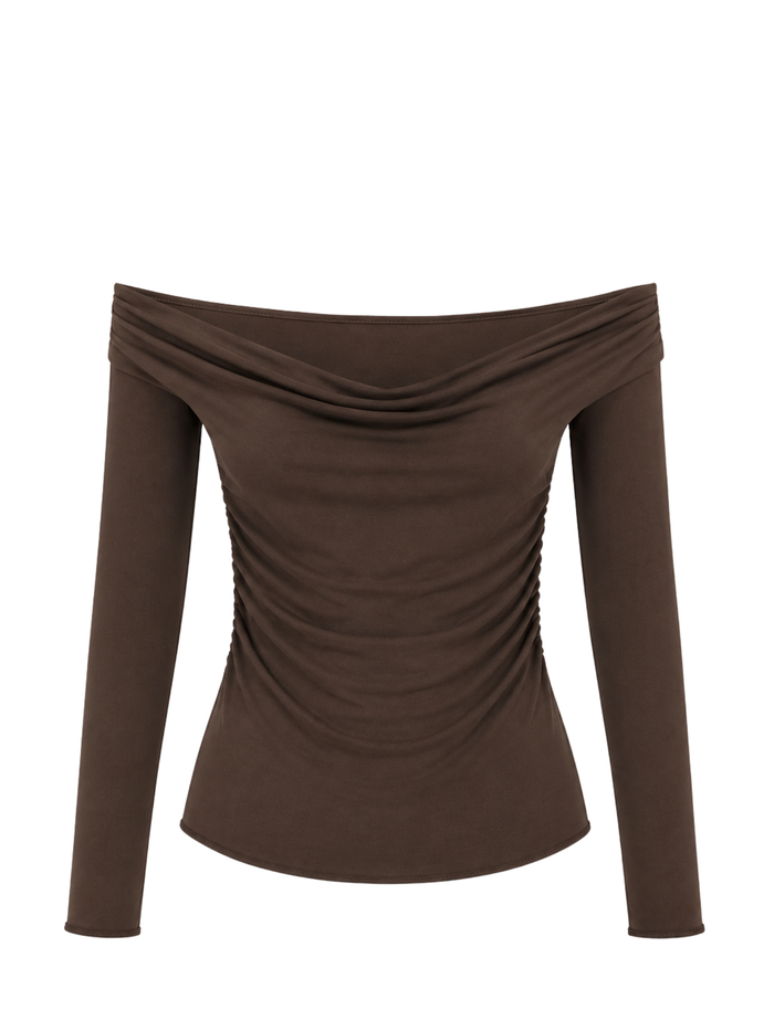 Bamboo Long Sleeve Cowl Neck Top- Cocoa