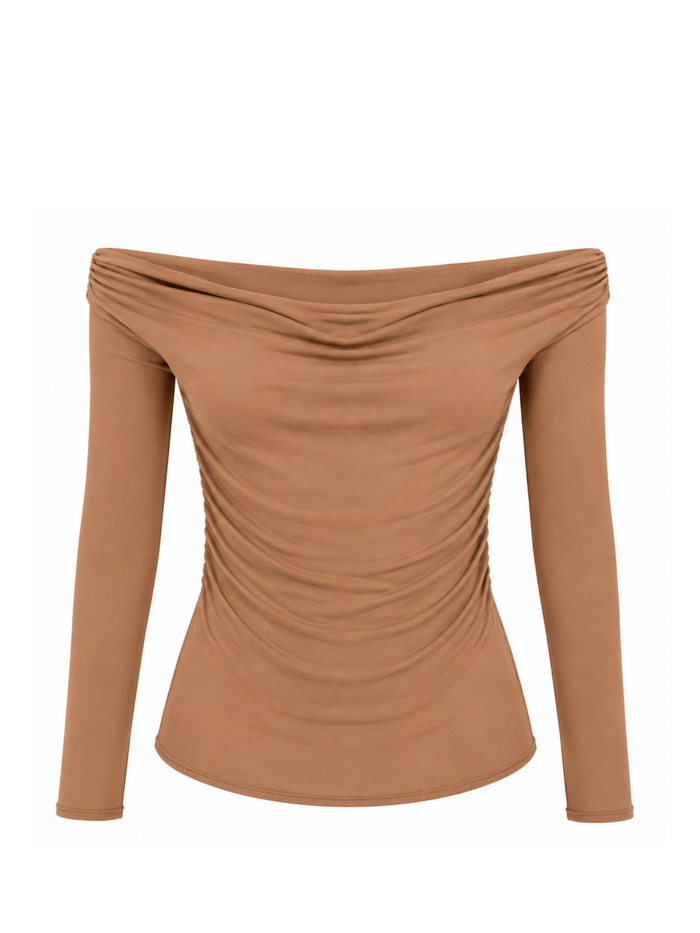 Bamboo Long Sleeve Cowl Neck Top- Toffee