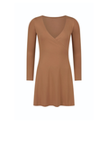 A long-sleeve V-neck mini dress in a warm camel brown color, shown against a plain white background.