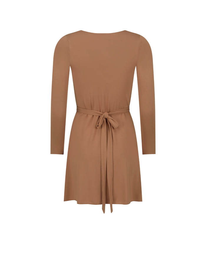 A long-sleeve brown dress with a tie waist, shown from the back on a plain white background.
