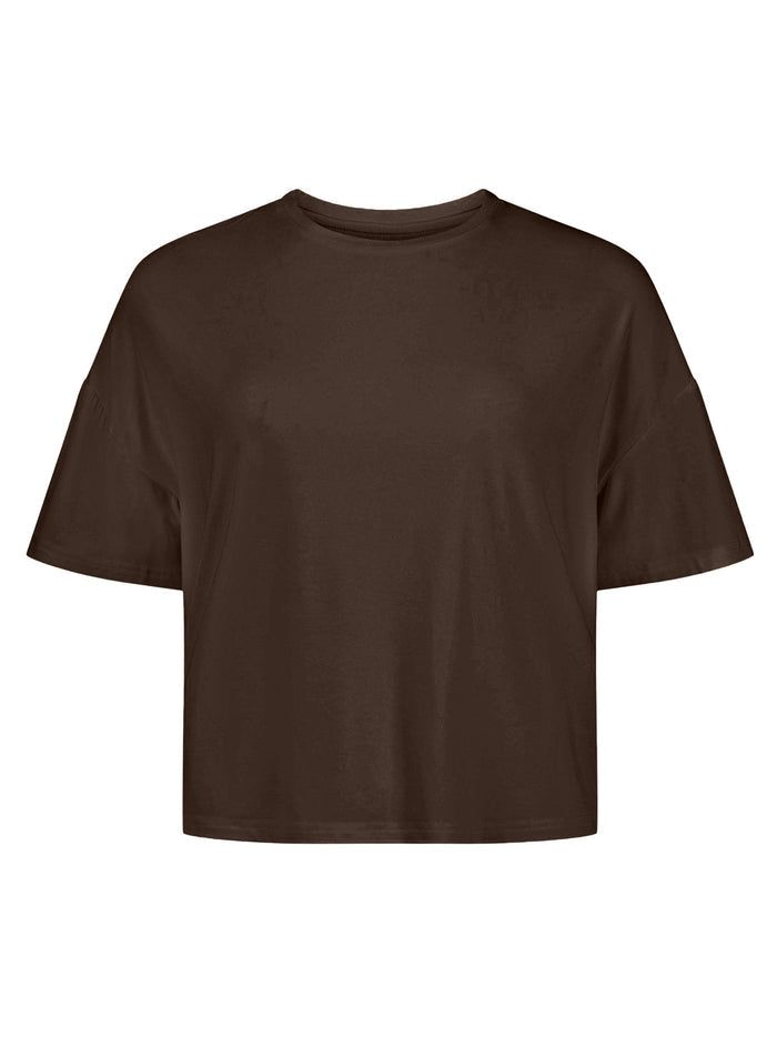 cocoa brown cropped boxy t-shirt, crew neckline, relaxed short sleeve and drop shoulder, women's bamboo clothing