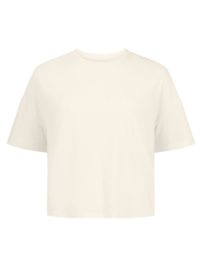 Cream cropped boxy t-shirt, crew neckline, relaxed short sleeve and drop shoulder, women's bamboo clothing