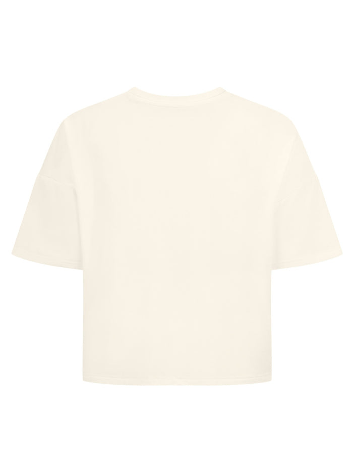 Cream cropped boxy t-shirt, crew neckline, relaxed short sleeve and drop shoulder, women's bamboo clothing