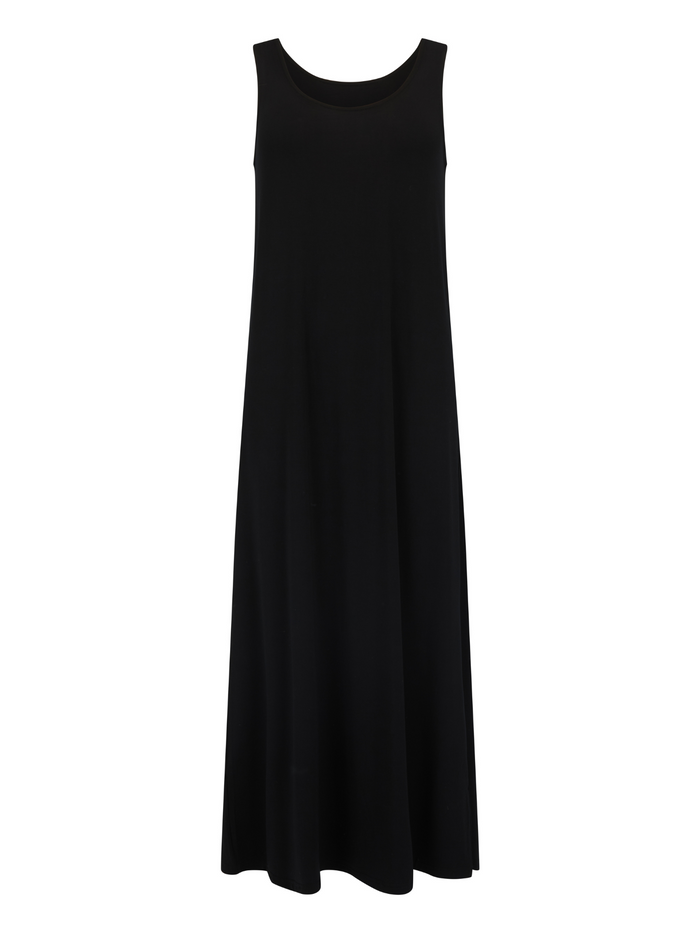 Black reversible maxi length dress with scoop and boat necklines, women's bamboo clothing