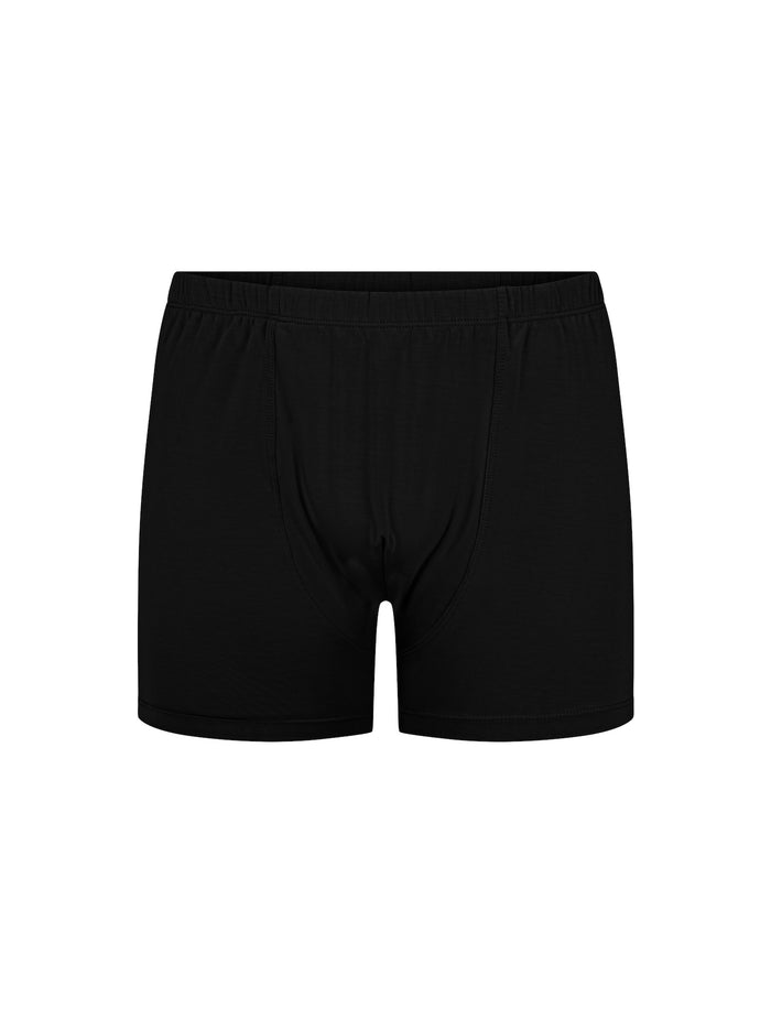 black trunk style boxer shorts with a soft elasticated waistband and pouch detail stitching, men's bamboo underwear