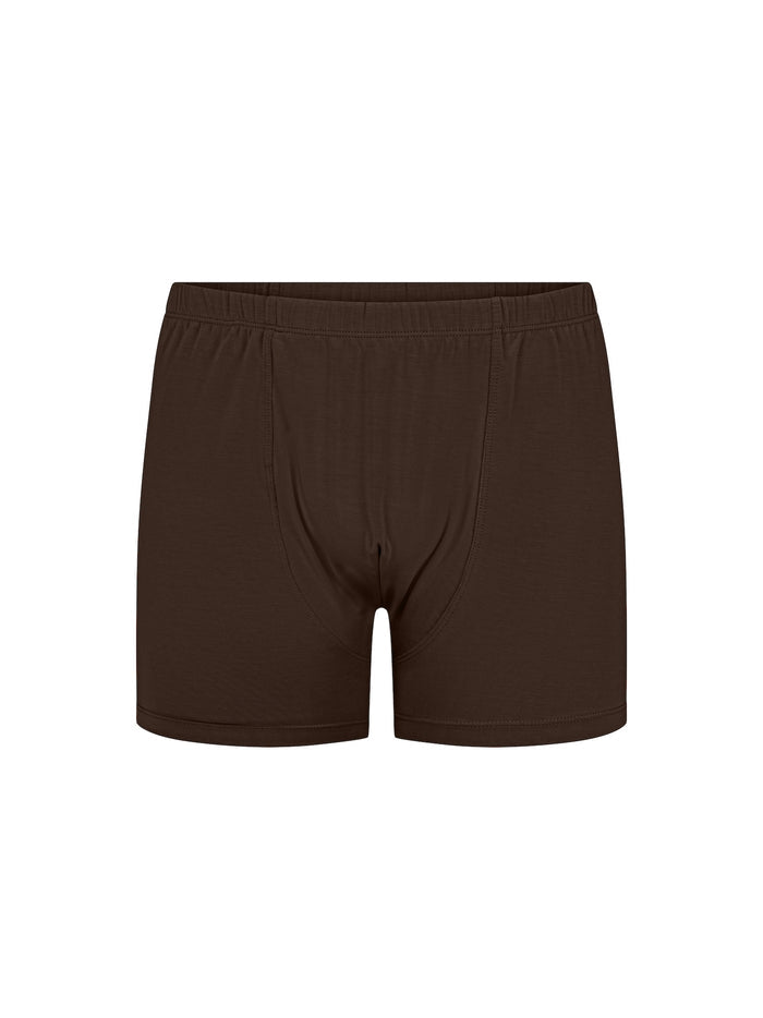 cocoa brown trunk style boxer shorts with a soft elasticated waistband and pouch detail stitching, men's bamboo underwear