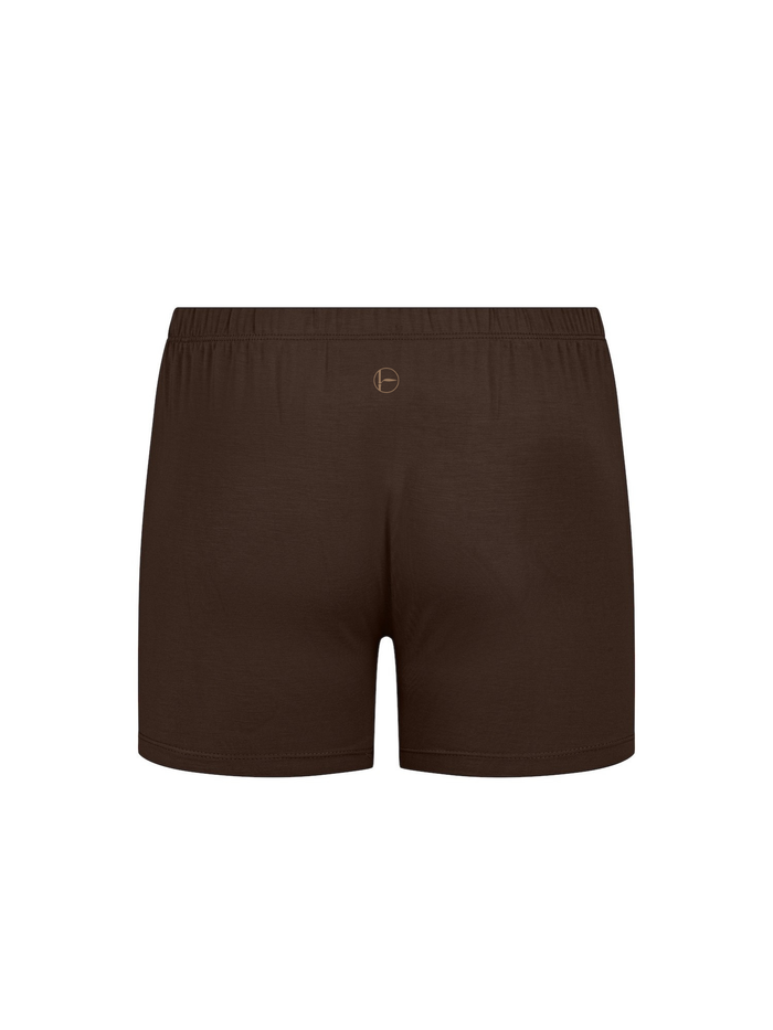 cocoa brown trunk style boxer shorts with a soft elasticated waistband and pouch detail stitching, men's bamboo underwear