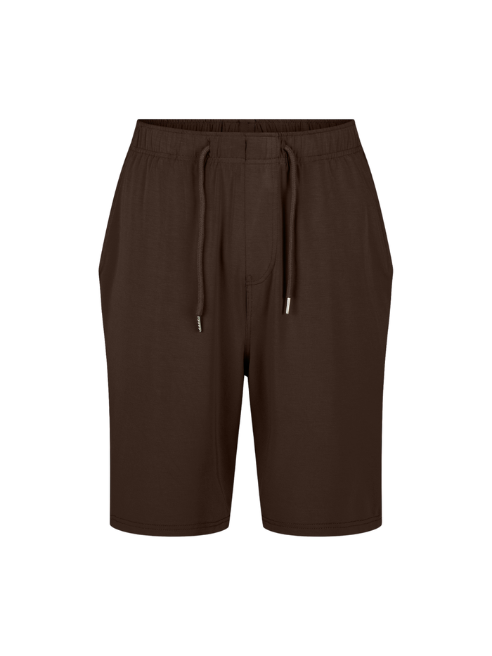 Men's knee length Cocoa brown casual shorts with elasticised waist, drawstring and deep pockets, men's bamboo clothing