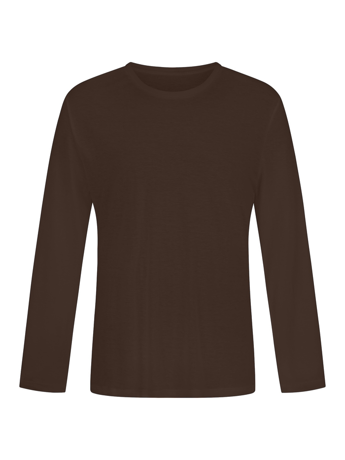 A dark brown long-sleeve crewneck shirt displayed on a clean white background.