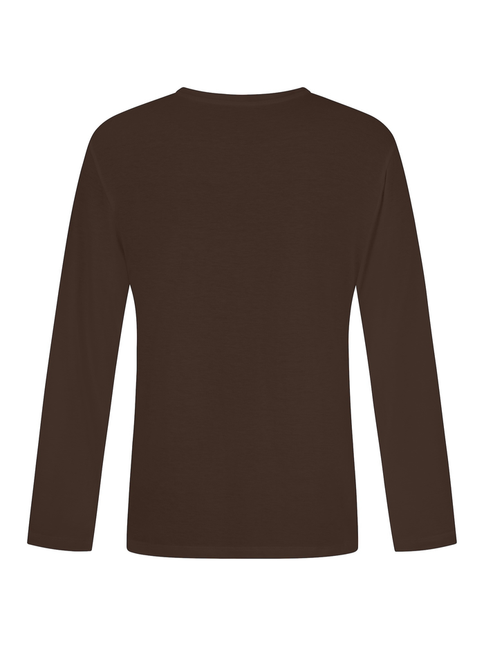 A dark brown long-sleeve crewneck shirt shown from the back on a plain white background.
