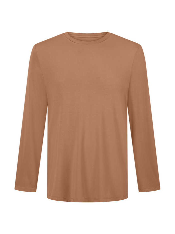 A long-sleeve crewneck t-shirt in a solid warm tan brown camel color, shown against a plain white background.