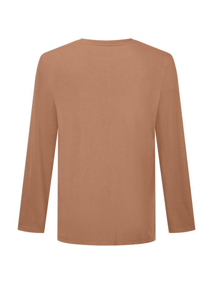 A long-sleeve crewneck t-shirt in a solid warm tan or camel color, shown from the back on a plain white background.