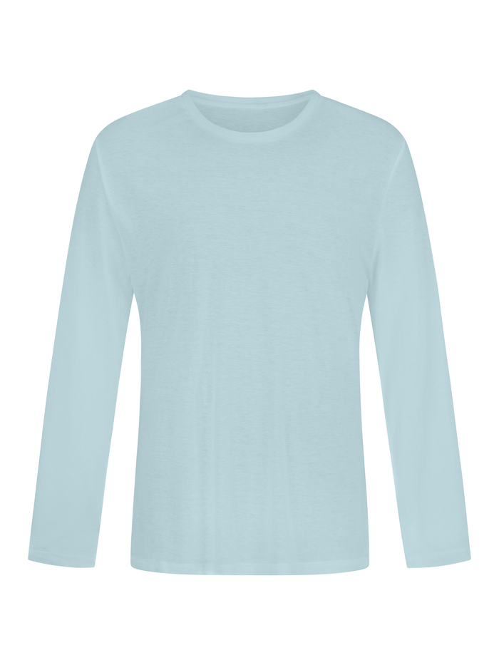 A light blue long-sleeve crewneck t-shirt displayed flat against a solid white background.