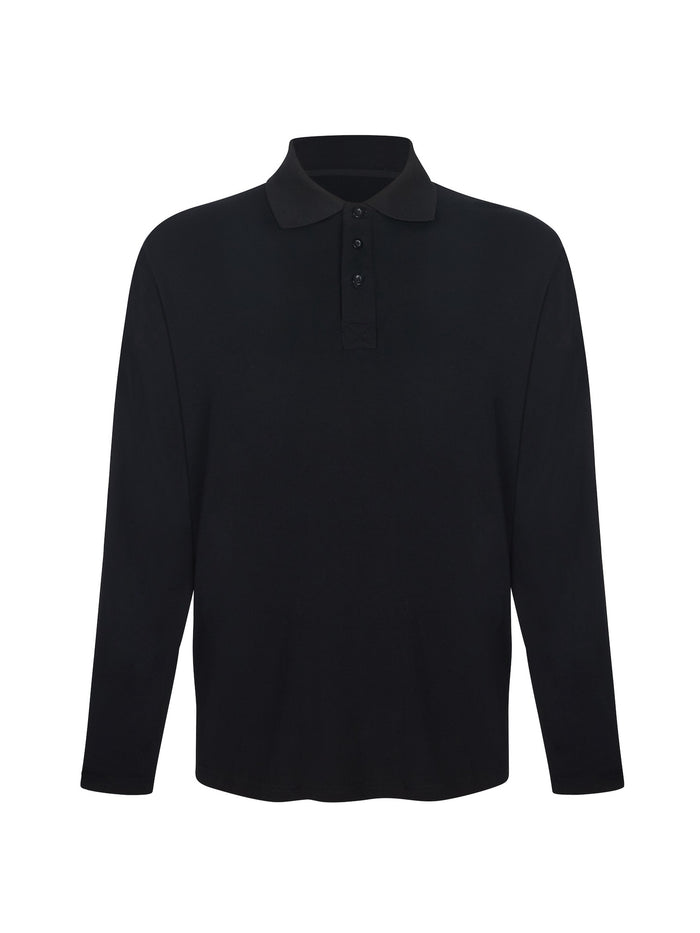 Black men's long sleeve polo shirt, generous fit, soft fibbed collar and 3 buttons, men's bamboo clothing