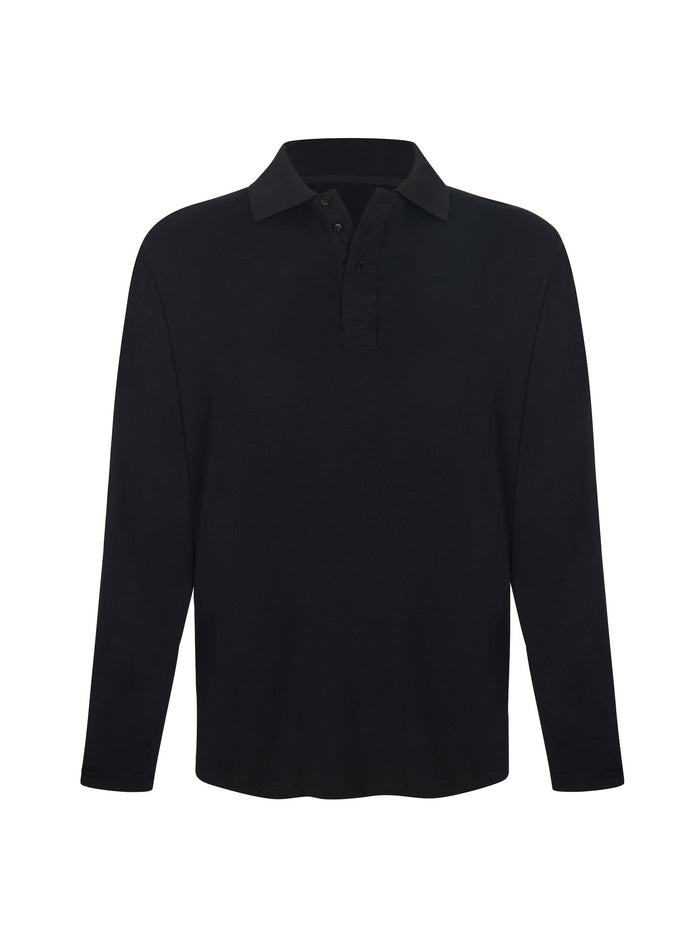 Black men's long sleeve polo shirt, generous fit, soft fibbed collar and 3 buttons, men's bamboo clothing
