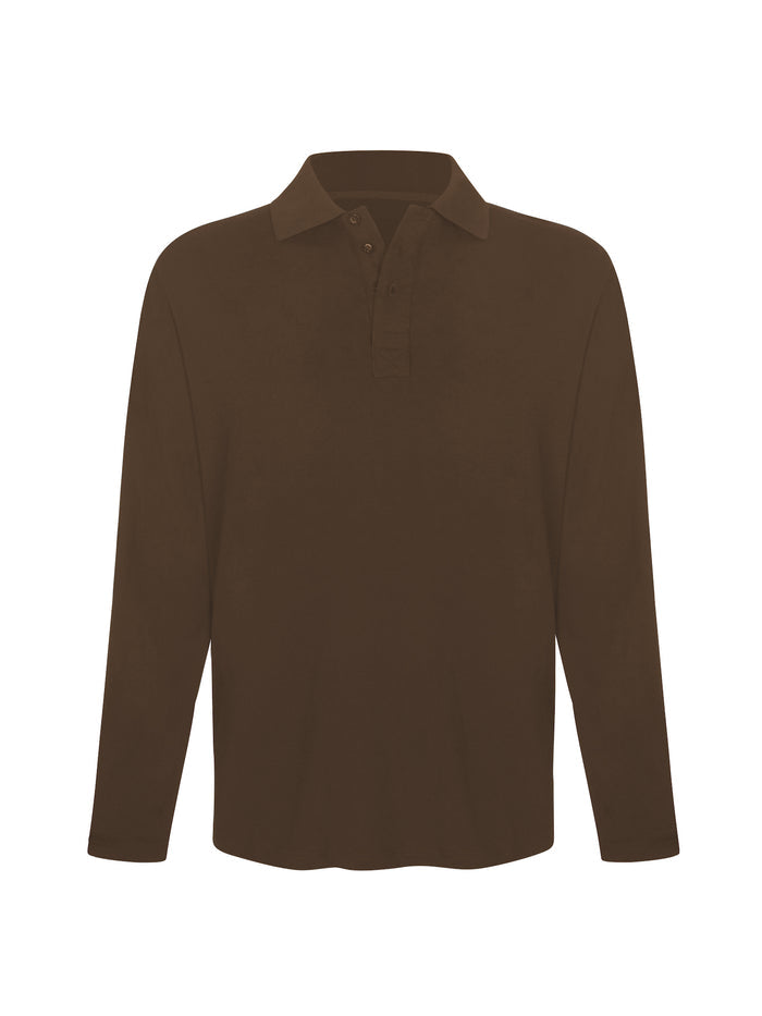 Cocoa brown men's long sleeve polo shirt, generous fit, soft fibbed collar and 3 buttons, men's bamboo clothing
