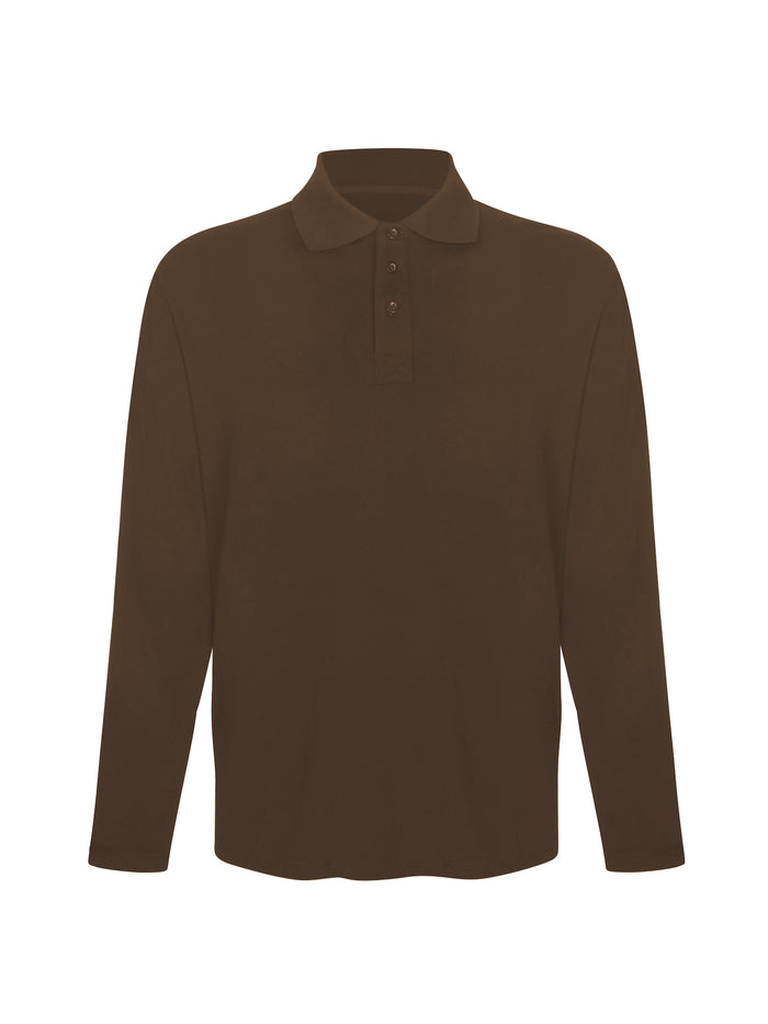 Cocoa brown men's long sleeve polo shirt, generous fit, soft fibbed collar and 3 buttons, men's bamboo clothing