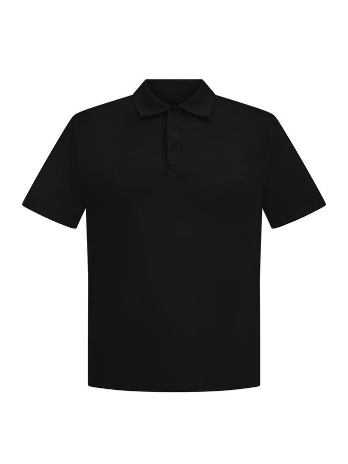 Black short sleeve men's polo shirt, generous fit, soft fibbed collar and 3 buttons, men's bamboo clothing