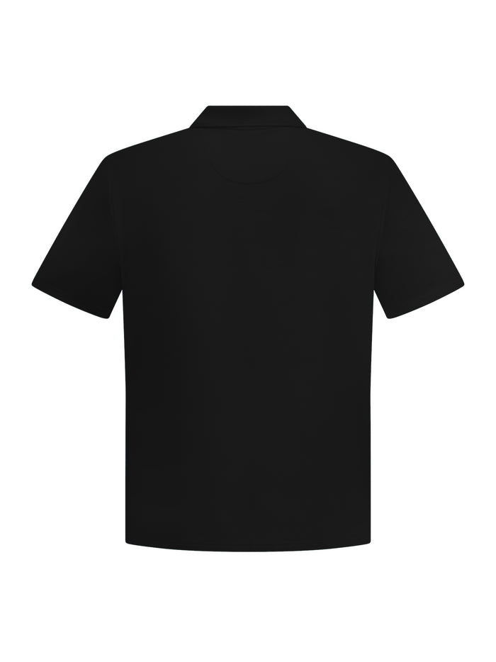 Black short sleeve men's polo shirt, generous fit, soft fibbed collar and 3 buttons, men's bamboo clothing