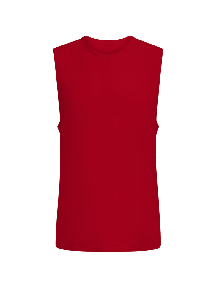 chili red generous classic fit tank singlet, soft neckband, crew neckline, sleeveless, men's bamboo clothing on a white background