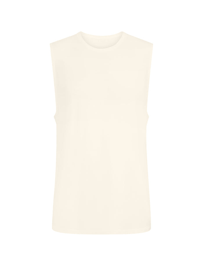 cream generous classic fit tank singlet, soft neckband, crew neckline, sleeveless, men's bamboo clothing