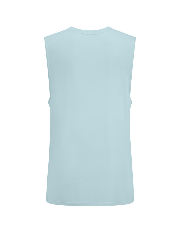 Topaz blue generous classic fit tank singlet, soft neckband, crew neckline, sleeveless, men's bamboo clothing
