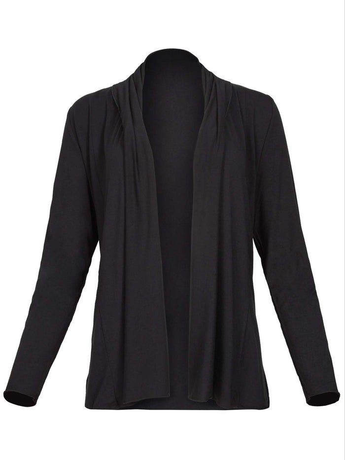 Model wearing convertible black mid cardigan, worn tied at front or worn open with long fitted sleeves, women's bamboo clothing