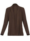Model wearing convertible cocoa brown mid cardigan, worn tied at front or worn open with long fitted sleeves, women's bamboo clothing