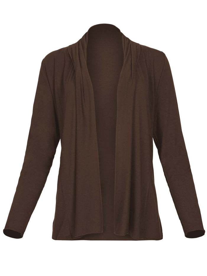 Model wearing convertible cocoa brown mid cardigan, worn tied at front or worn open with long fitted sleeves, women's bamboo clothing