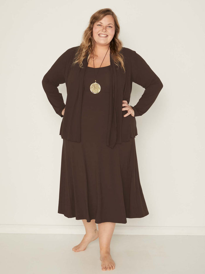 Model wearing convertible cocoa brown mid cardigan, worn tied at front or worn open with long fitted sleeves, women's bamboo clothing