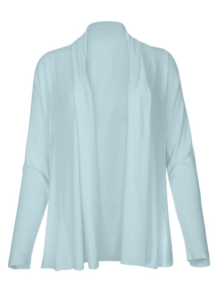 Bamboo light topaz blue mid length cardigan on a white background