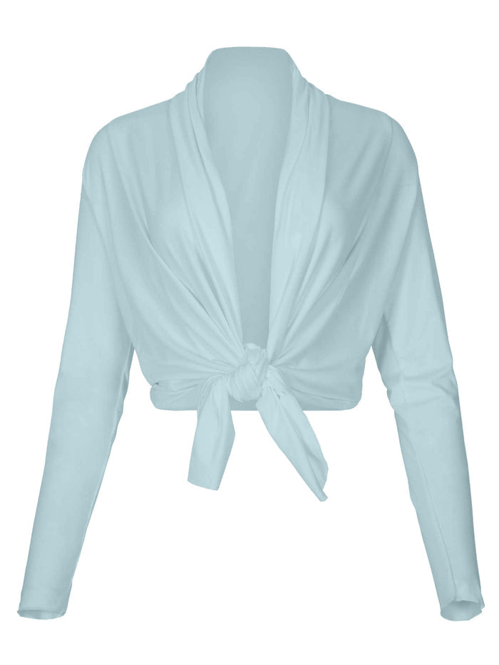 Bamboo light topaz blue mid length cardigan tied up at the front on a white background