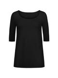 Black t-shirt with three-quarter sleeves on a white background