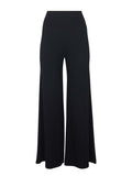 Black full length palazzo pants, fitted waist and hips with flowing wide leg, adjustable high waistband, women's bamboo clothing
