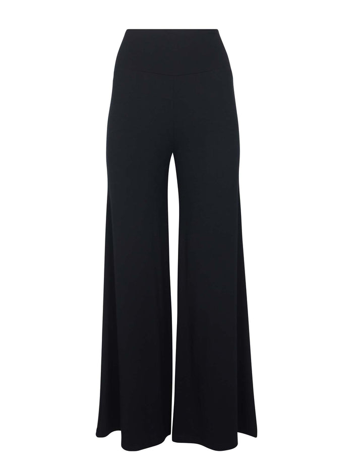 Black full length palazzo pants, fitted waist and hips with flowing wide leg, adjustable high waistband, women's bamboo clothing