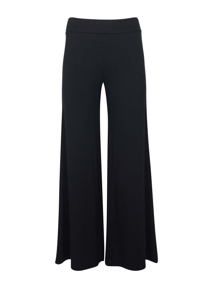 black full length palazzo pants, fitted waist and hips with flowing wide leg, adjustable high waistband, women's bamboo clothing