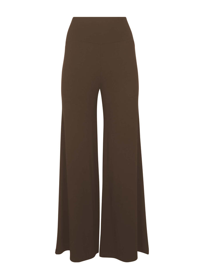 cocoa brown full length palazzo pants, fitted waist and hips with flowing wide leg, adjustable high waistband, women's bamboo clothing