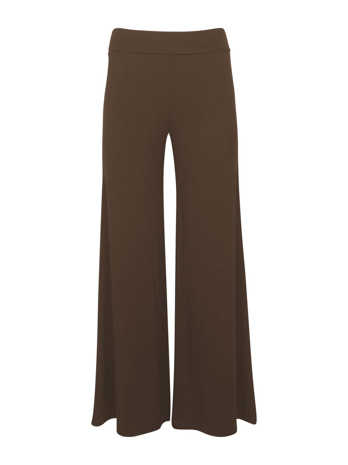 cocoa brown full length palazzo pants, fitted waist and hips with flowing wide leg, adjustable high waistband, women's bamboo clothing