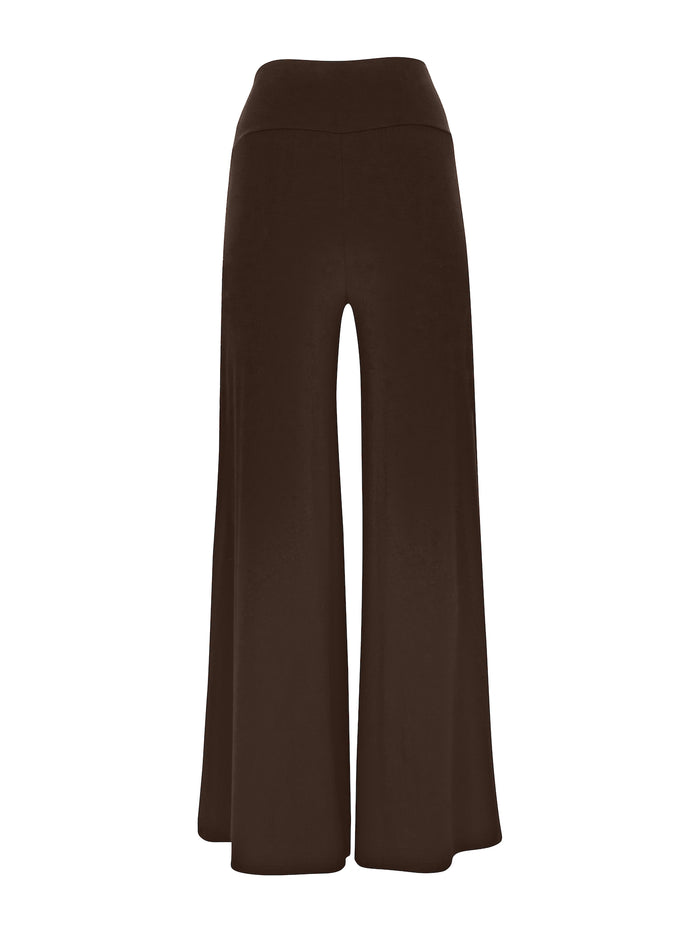 cocoa brown full length palazzo pants, fitted waist and hips with flowing wide leg, adjustable high waistband, women's bamboo clothing