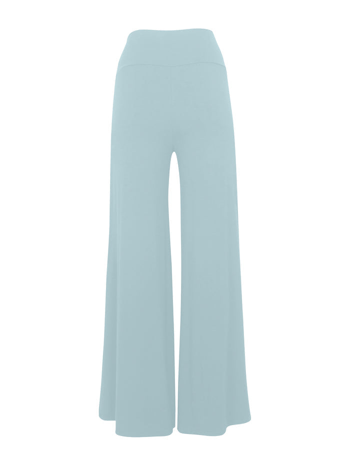 Bamboo light topaz blue wide-leg palazzo pants on a white background