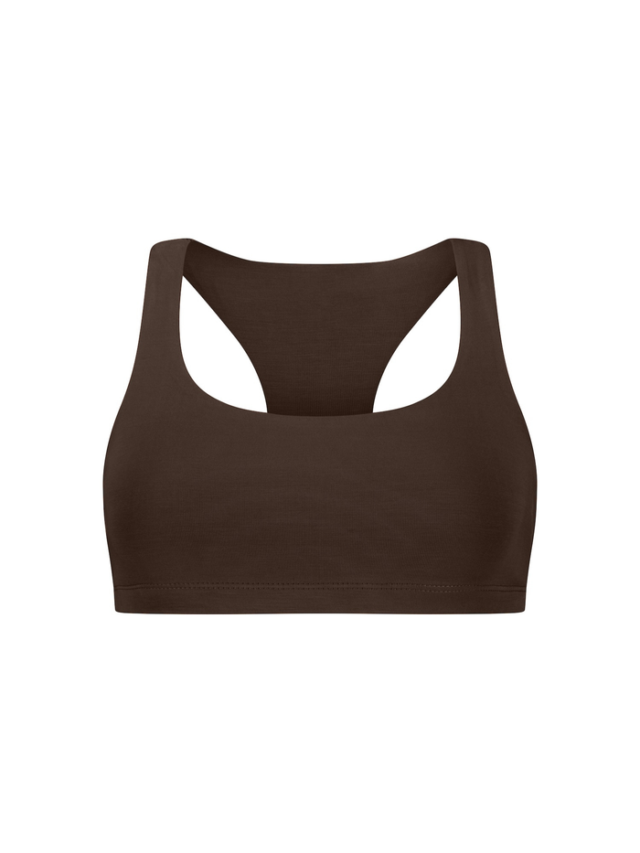 Cocoa brown bamboo racer back sports bra on a white background