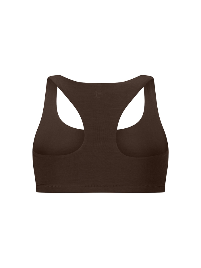 Cocoa brown bamboo racer back sports bra on a white background