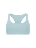 Topaz blue bamboo racer back sports bra on a white background