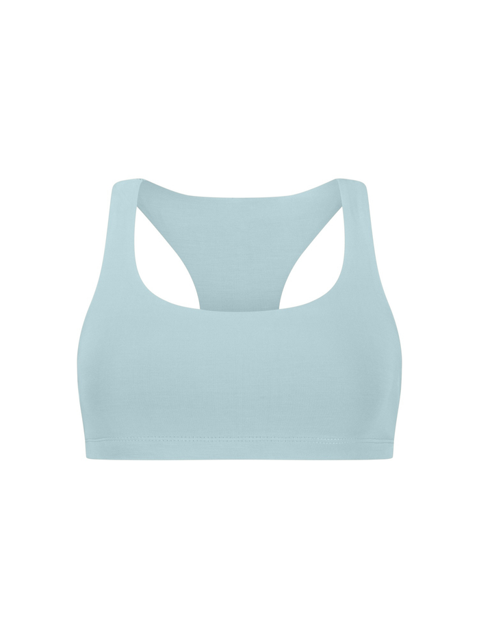 Topaz blue bamboo racer back sports bra on a white background