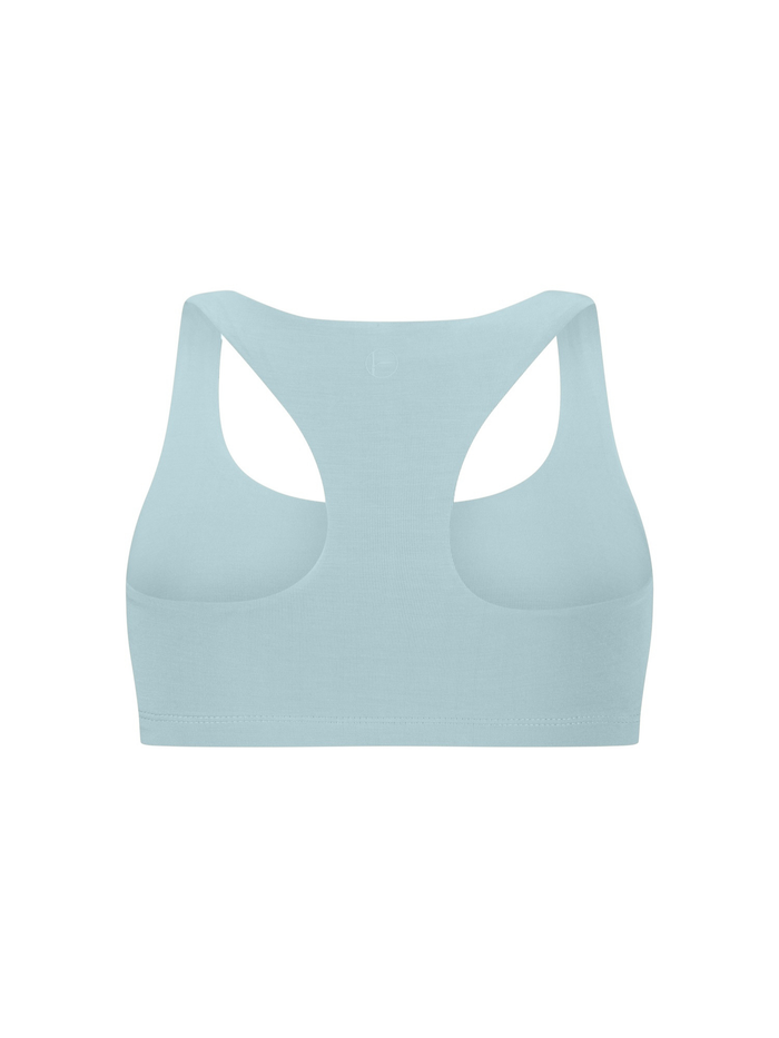 Topaz blue bamboo racer back sports bra on a white background