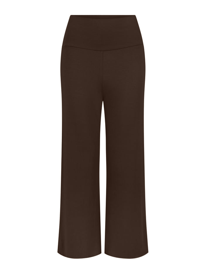 Cocoa brown 7/8 length resort pants, double layered adjustable high waistband, classic design, women's bamboo clothing