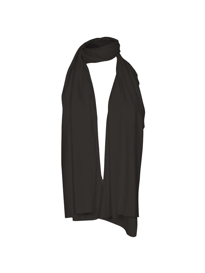 Model wearing black large scarf, convertible style worn as scarf, wrap and shawl, women's bamboo clothing accessories