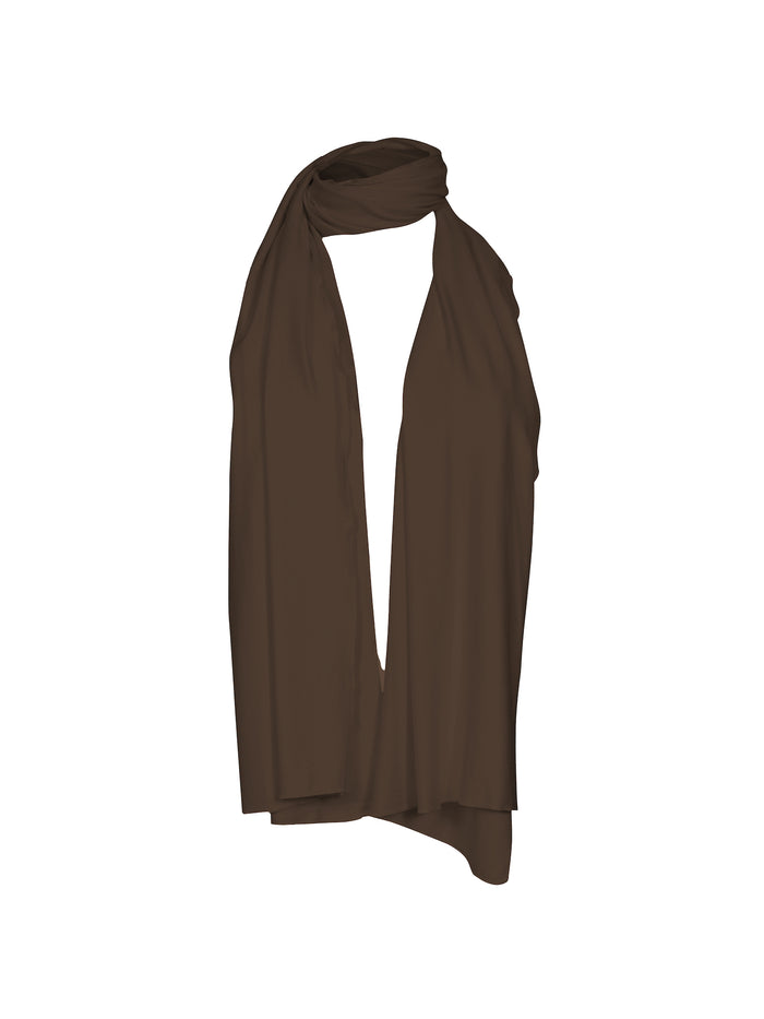 Model wearing cocoa brown scarf or shawl, women's bamboo clothing accessories