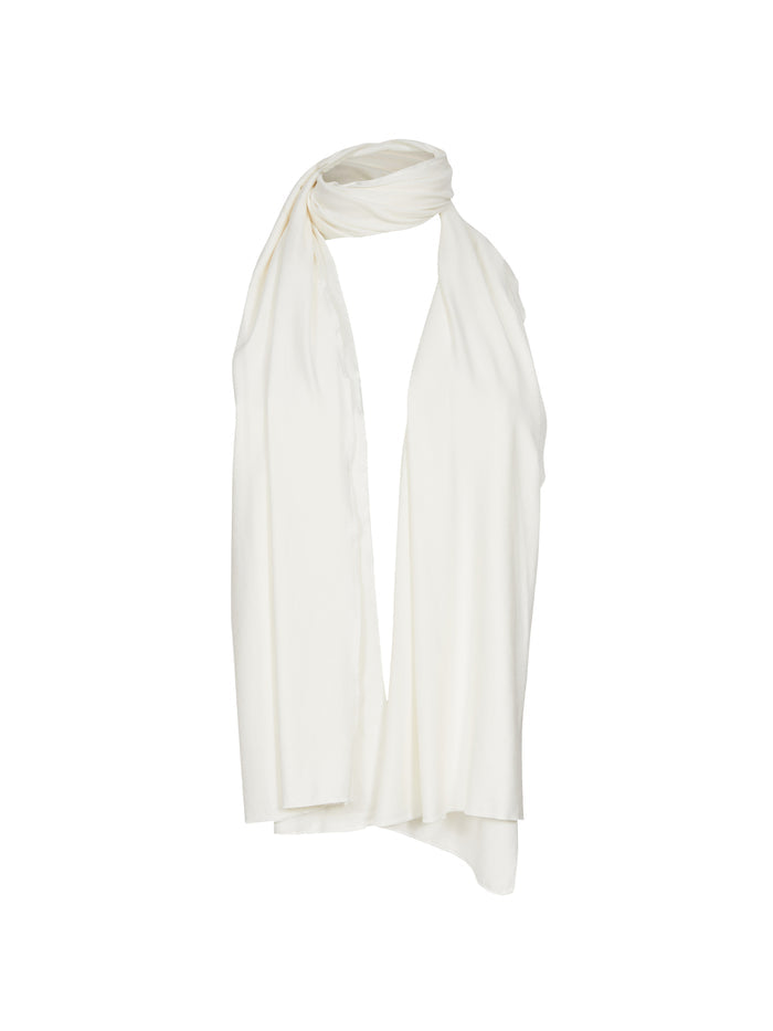 Model wearing cream scarf or shawl, women's bamboo clothing accessories